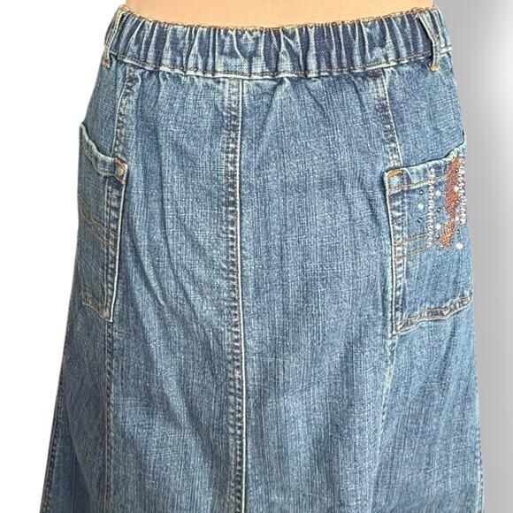 Deadstock Y2K Quacker Factory Embellished Denim Maxi Skirt Rhinestone Details - Picture 4 of 11
